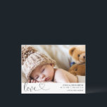 Modern Love Calligraphy Birth Announcement Postcard<br><div class="desc">Modern Love Calligraphy Birth Announcement Postcard 

Modern single photo on the front birth announcement postcard featuring a modern calligraphy heading love and birth stats.  Parents message appears on the back. This modern birth announcement postcard is a sweet way to announce the birth of your newborn baby.</div>