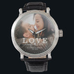 Modern Love conquers all Wedding Photo Script Watch<br><div class="desc">Modern chic photo watch with hand lettered script and modern typography reading:' Love conquers all 'alongside your custom names and wedding date. Personalise with your favourite photo and information. Great gift for newlyweds or Valentine's Day!</div>