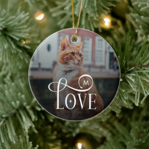 Modern Love Custom Cat Pets Photo Monogram Ceramic Ornament