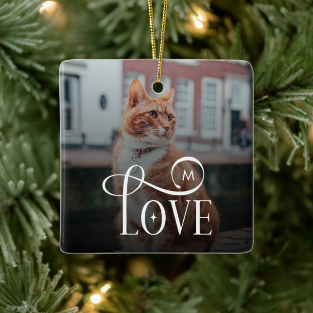 Modern Love Custom Cat Pets Photo Monogram Ceramic Ornament (Tree)