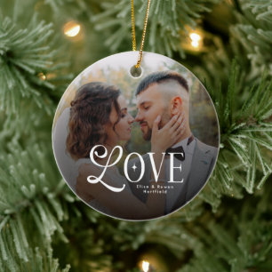Modern Love Custom Wedding Photo Couples Monogram Ceramic Ornament