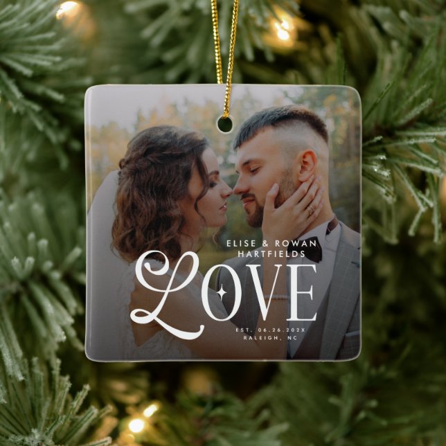 Modern Love Custom Wedding Photo Couples Monogram Ceramic Ornament (Tree)