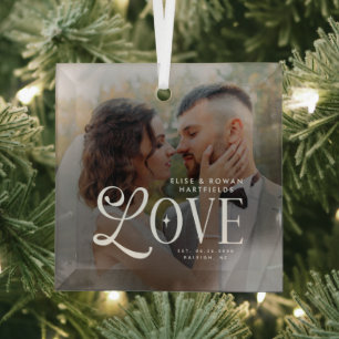 Modern Love Custom Wedding Photo Couples Monogram Glass Tree Decoration