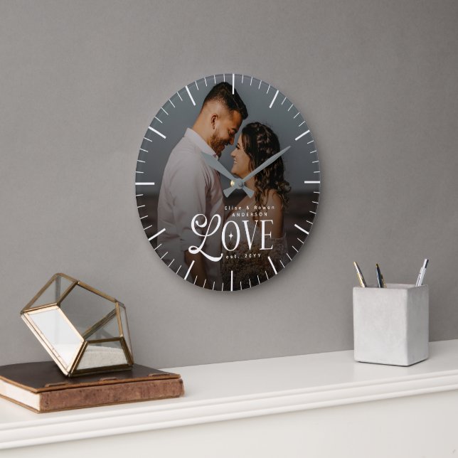 Modern Love Custom Wedding Photo Couples Monogram Large Clock (Office)