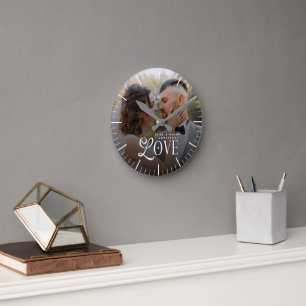 Modern Love Custom Wedding Photo Couples Monogram Round Clock