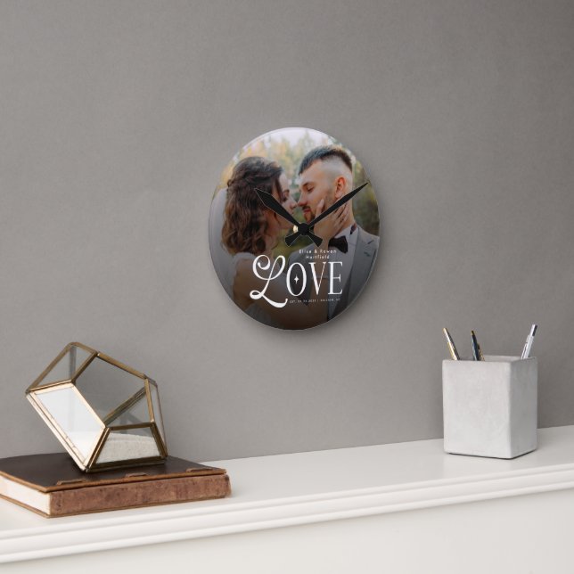 Modern Love Custom Wedding Photo Couples Monogram Round Clock (Office)