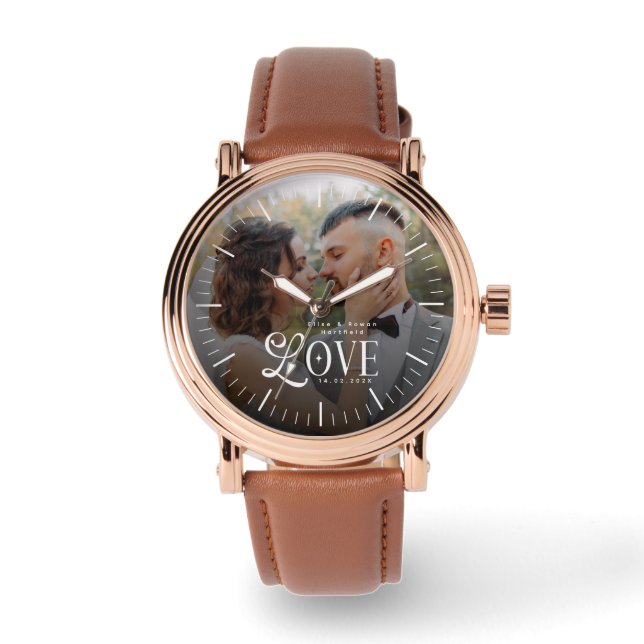 Modern Love Custom Wedding Photo Couples Monogram Watch (Front)