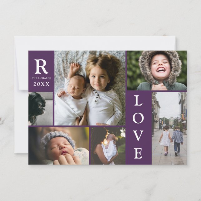 Modern Love Dark Purple Block Family Photo Collage Holiday Card (Front)