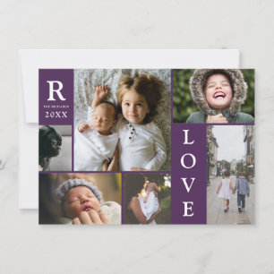 Modern Love Dark Purple Block Family Photo Collage Holiday Card