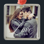 Modern Love | Elegant Calligraphy with your Photo Metal Tree Decoration<br><div class="desc">These stylish Christmas ornaments say "love" in modern,  white calligraphy and has your own photo covering the surface of the ornament. You can also add your initials to personalise it.</div>