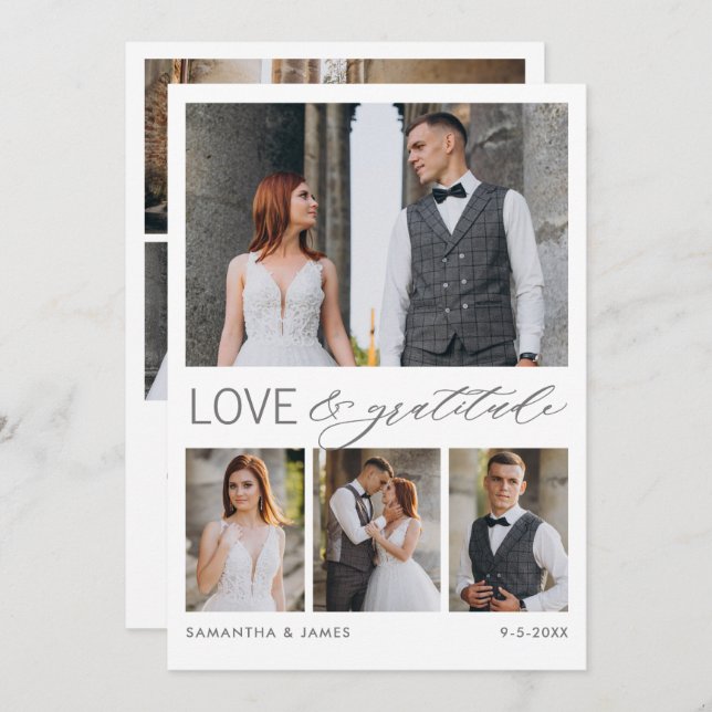 Modern Love & Gratitude 8-Photo Collage Wedding Thank You Card (Front/Back)