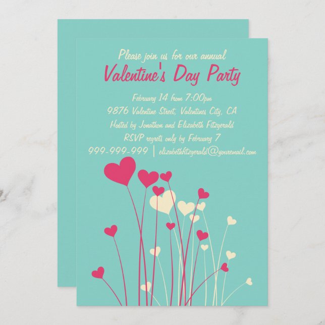 Modern Love Heart Flowers Valentines Party Invitation (Front/Back)