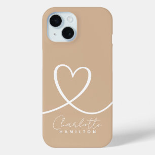 Modern Love Heart Personalised Name Tan White iPhone 15 Case