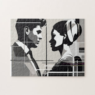 Modern Love in Black & White Silhouette Couple Jigsaw Puzzle