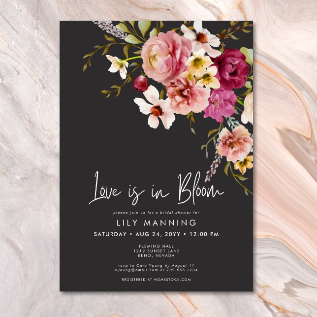 Modern Love Is In Bloom Black Bridal Shower Invitation (Modern Love Is In Bloom Black Bridal Brunch Invitation)