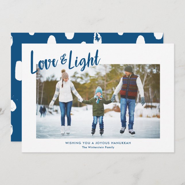 Modern Love & Light Blue Hanukkah Photo Holiday Card (Front/Back)