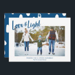 Modern Love & Light Blue Hanukkah Photo Holiday Card<br><div class="desc">A simple, stylish Hanukkah photo card design, featuring modern typography reading "Love & Light" in blue over a white background. Modern styled text templates are included for personalisation, as well as a splotch pattern in white and blue on the back of the card. For design or product enquiries please feel...</div>