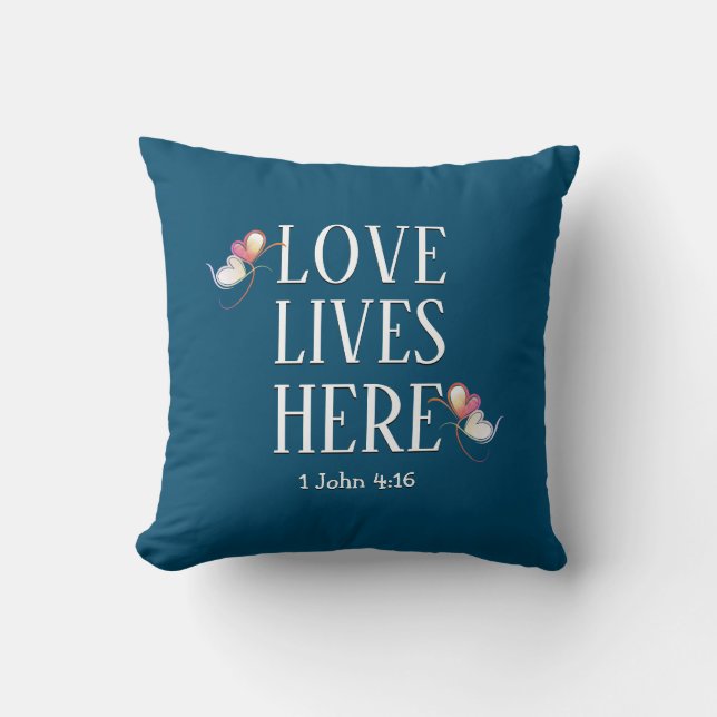 Modern LOVE LIVES HERE Customisable Scripture BLUE Cushion (Front)