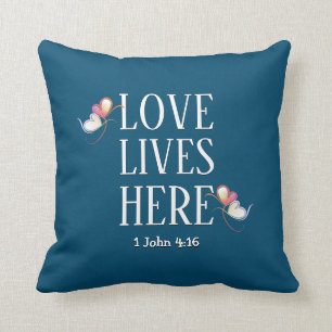 Modern LOVE LIVES HERE Customisable Scripture BLUE Cushion