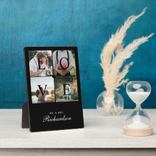 Modern Love Newlyweds Wedding Photo Collage Black Plaque