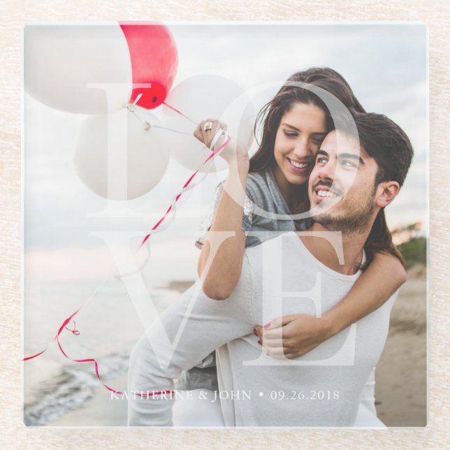 Modern "LOVE" Overlay Photo Glass Coaster (Front)