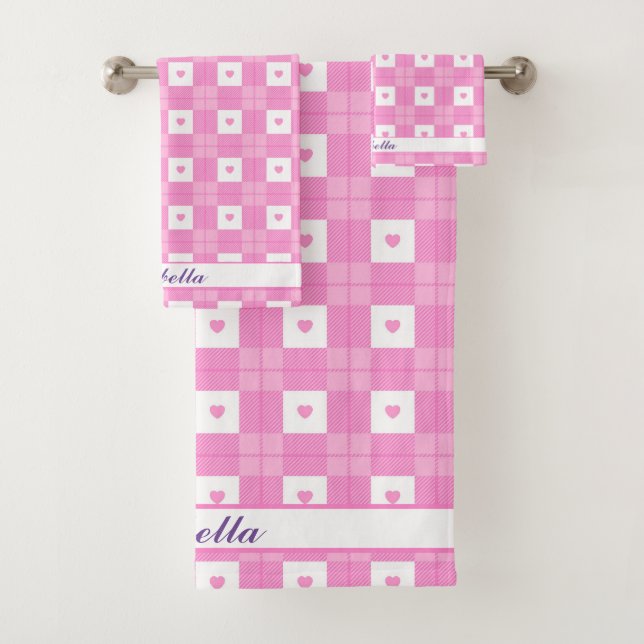 Modern Love Plaid Pink Heart Collection Bath Towel Set (Insitu)