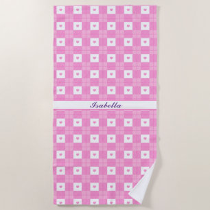 Modern Love Plaid Pink Heart Collection Beach Towel