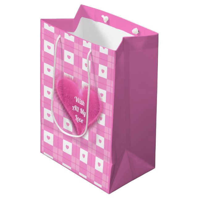 Modern Love Plaid Pink Heart Collection Medium Gift Bag (Front Angled)