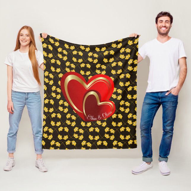 Modern Love Red Hearts Personalised Wedding Gift Fleece Blanket (In Situ)