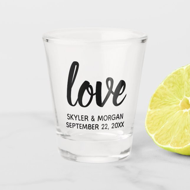 Modern Love Script Chic Personalised Wedding Shot Glass (Front)