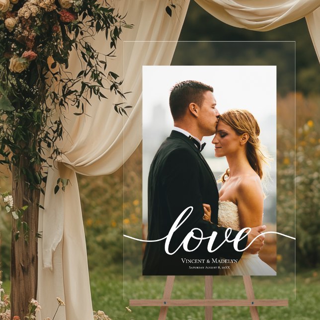 Modern Love Script Custom Photo Acrylic Wedding  Acrylic Sign (24 x 36 vertical WEDDING welcome custom PHOTO, names and date acrylic sign with love script)