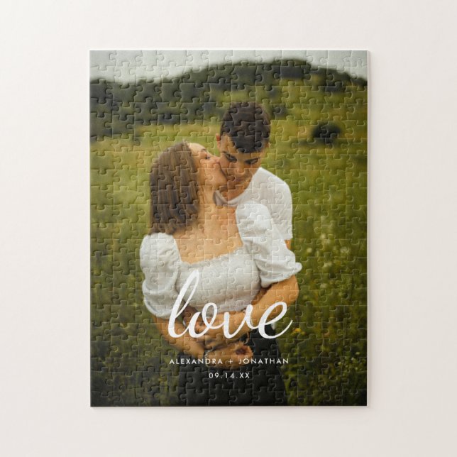 Modern 'Love' Script Wedding Couple Photo Jigsaw Puzzle (Vertical)