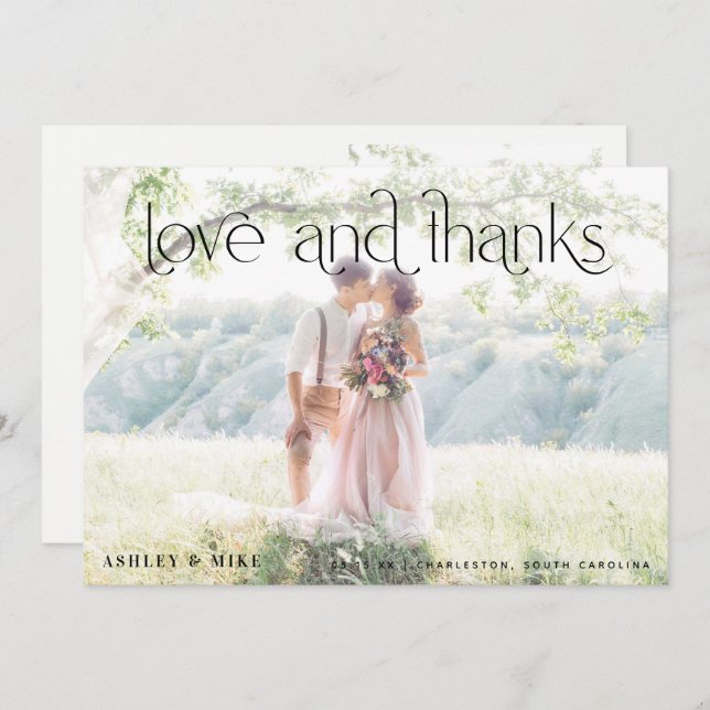 Modern Love & Thanks 2 Photo Wedding Thank You Card (Front/Back)