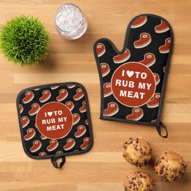 Modern Love To Rub Meat White Text Oven Mitt & Pot Holder Set (Top Down)