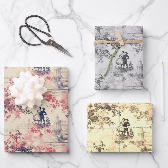 Modern Love Valentine Red Toile de Jouy Pattern Wrapping Paper Sheet (Front)