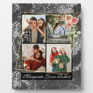 Modern LOVE YOU 4 Photo Silver Glitter Valentine's Plaque