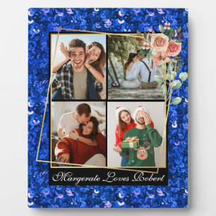 Modern LOVE YOU 4 Photos blue Glitter Valentine's Plaque