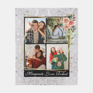 Modern LOVE YOU 4 Photos Silver Glitter Valentine Fleece Blanket