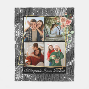 Modern LOVE YOU 4 Photos Silver Glitter Valentine Fleece Blanket
