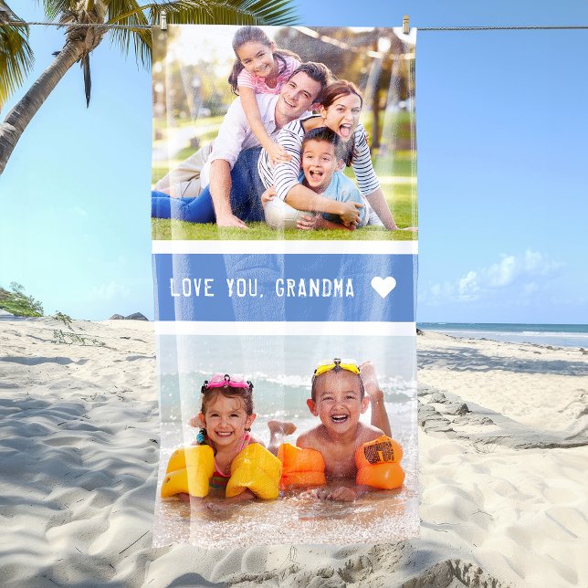Modern Love You Grandma Photos Blue Beach Towel (Modern Love You Grandma 2 Photos Blue Beach Towel)