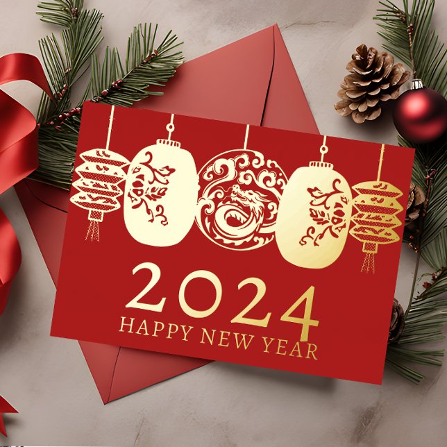 Modern Lunar New Year Gold Dragon Lantern Foil Holiday Card (Creator Uploaded)