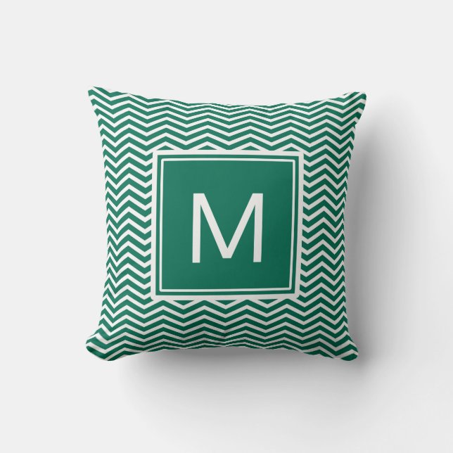 Modern Lush Green Chevrons With Monogram Cushion (Front)