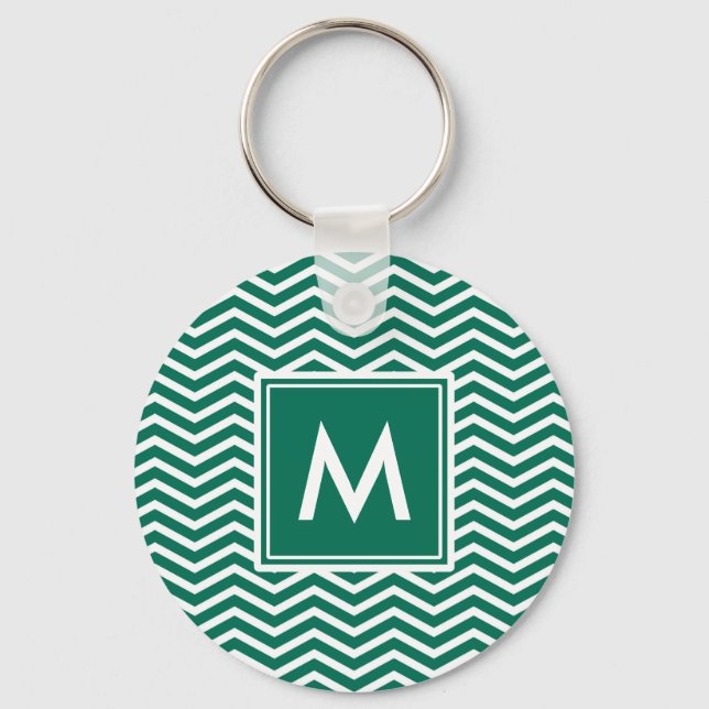 Modern Lush Green Chevrons With Monogram Key Ring (Front)