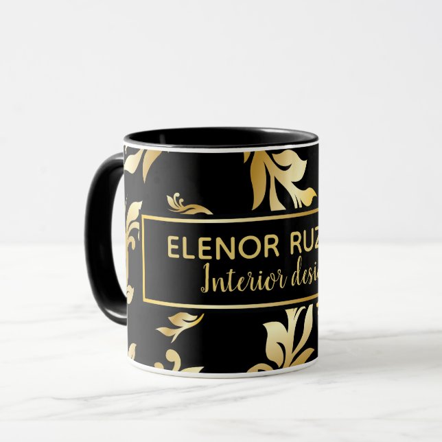 Modern Lux Elegant Floral Damask black gold design Mug (Front Left)
