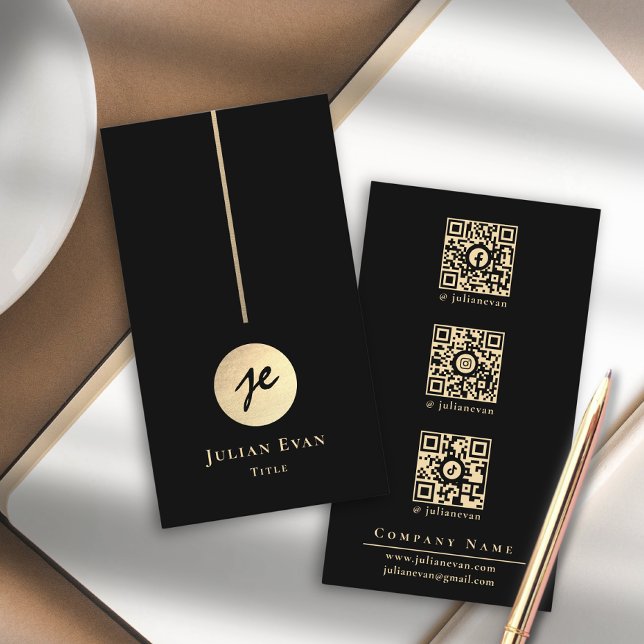 Modern Luxe Black & Gold Monogram Social Media Business Card (Modern Luxe Black & Gold Monogram Social Media Business Card)