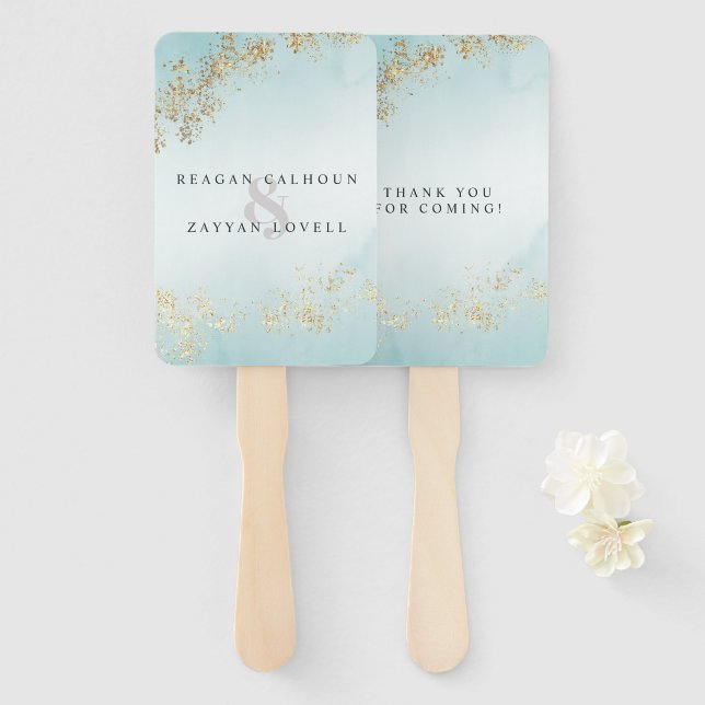 Modern Luxe Gold Flecks Teal Mist Wedding Hand Fan (Front and Back)