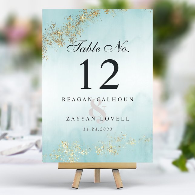 Modern Luxe Gold Flecks Teal Mist Wedding Table Number (Creator Uploaded)