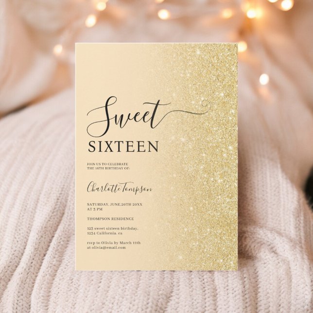 Modern Luxurious Gold Glitter Yellow Sweet 16 Invitation (Modern Luxurious Gold Glitter Yellow Sweet 16 Invitation)