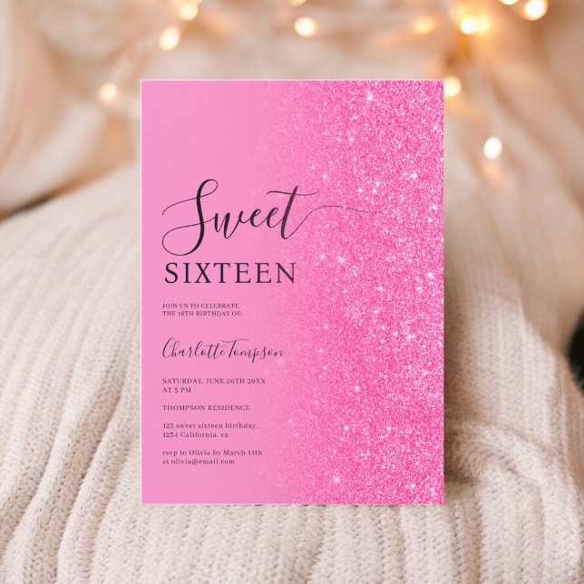 Modern Luxurious Pink Glitter Neon Sweet 16 Invitation (Modern Luxurious Pink Glitter Neon Sweet 16 Invitation)