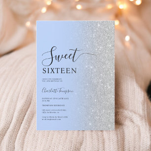 Modern Luxurious Silver Glitter Ice Blue Sweet 16 Invitation